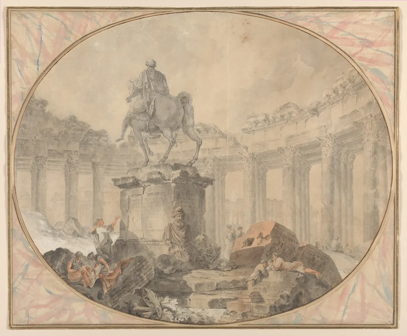 Hubert Robert's drawing of the equestrian statue of Marcus Aurelius on the Capitoline, with people at work around its base.