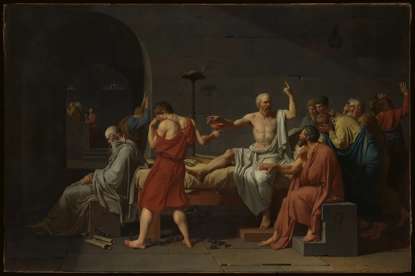 Jacques-Louis David's painting The Death of Socrates: Socrates, calm, reaching for the cup while he keeps talking, his friends around him in grief.