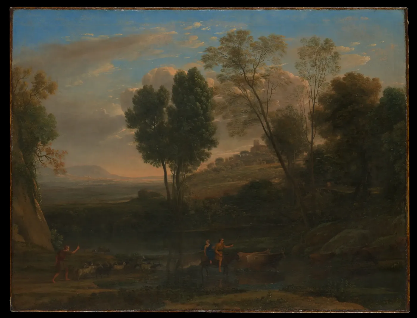 Claude Lorrain's painting Sunrise: a wide pastoral valley at first light, trees against a pale sky.